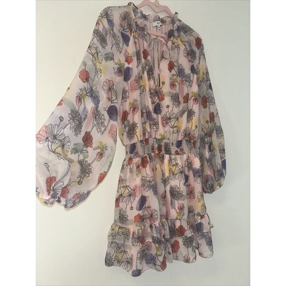 NSR Dresses & Skirts - NSR Pink Floral‎ 70s Ruched V Neck Peasant Sleeve Midi Cottagecore Dress Sz Med